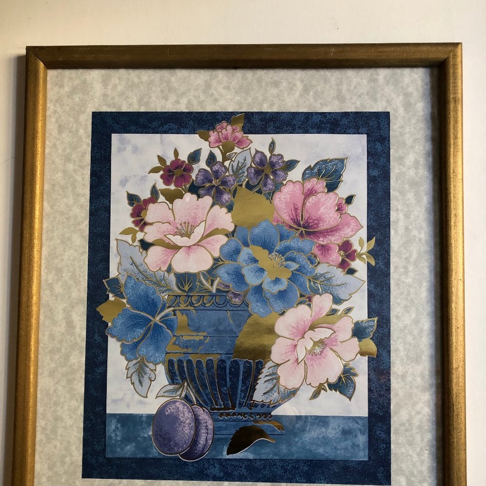 Les Belles Fleurs flowers print framed colorful with gold